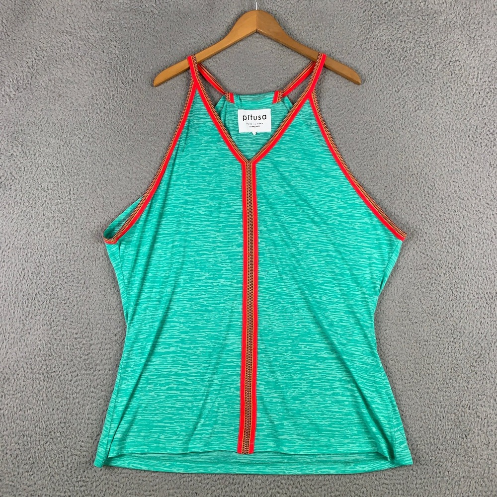 Pitusa V-Back Tank Top‎ Womens Standard Green Space Dye Embroidered Trim Casual